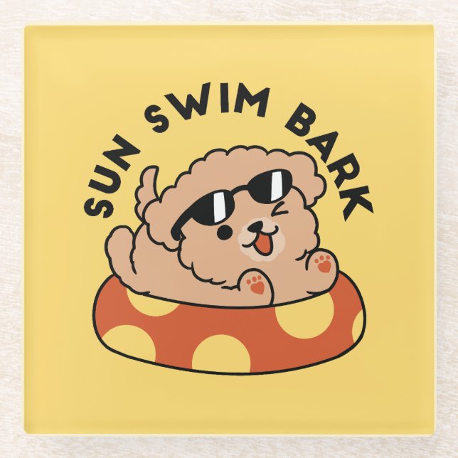 Cool Summer Dog Floating – Cute Puppy Pool Party Glass Coaster (Front)