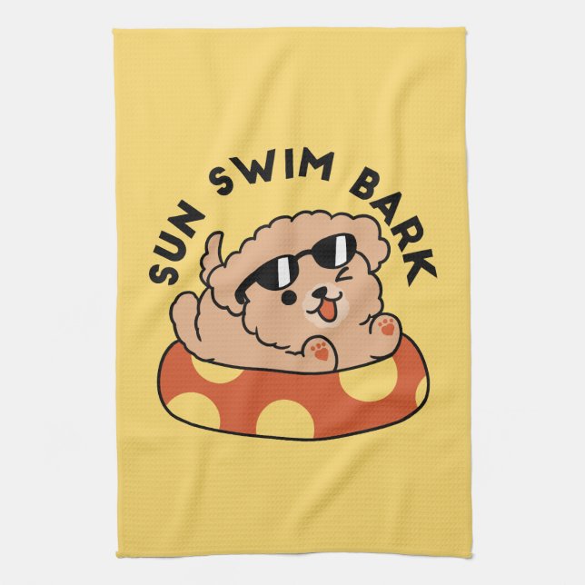 Cool Summer Dog Floating – Cute Puppy Pool Party Tea Towel (Vertical)