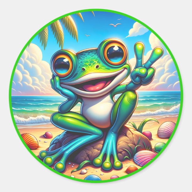 Cool Summer frog lovers beach  Classic Round Sticker (Front)
