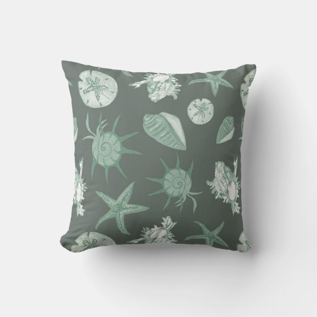 Cool Summer green seashells on medium green Cushion (Front)
