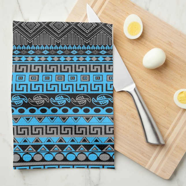 Cool summer trendy neon blue Aztec pattern Tea Towel (Quarter Fold)