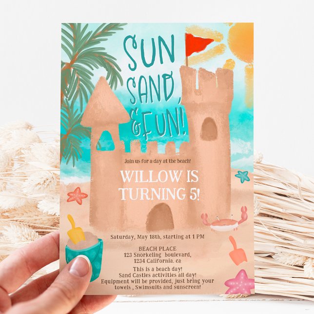 Cool Sun Fun Beach Party Sand Castle Kids birthday Invitation (Creator Uploaded)