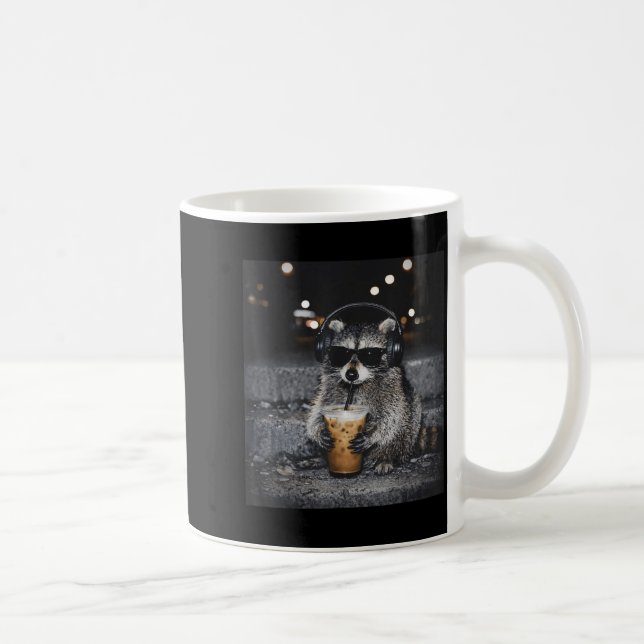 Cool Sunglasses Racoon Drinking Iced Coffee Mug (Right)