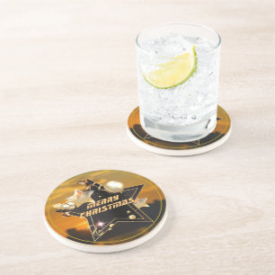 Cool Sunrise Gold Black Metallic Stars Merry Xmas Coaster