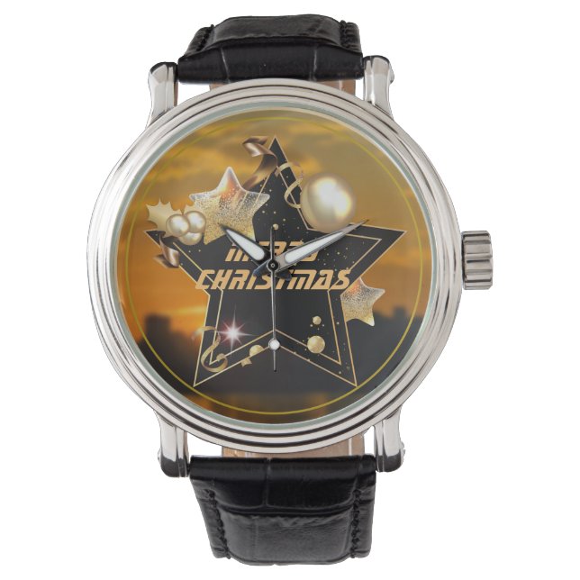 Cool Sunrise Gold Black Metallic Stars Merry Xmas Watch (Front)