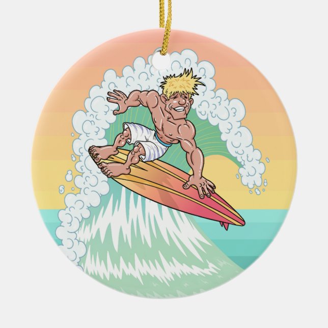 Cool Sunset Surfer Ceramic Tree Decoration (Front)