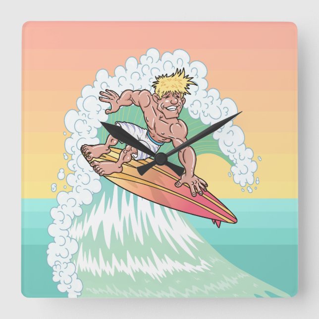 Cool Sunset Surfer Square Wall Clock (Front)