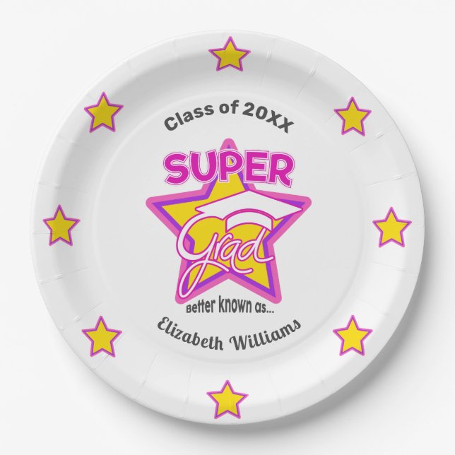 Cool Super Grad Pink - Personalise Name and Year Paper Plate (Front)
