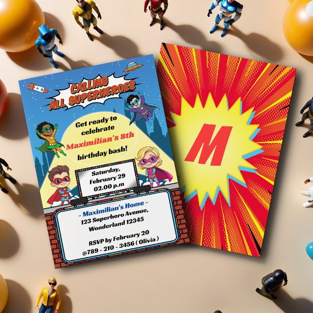 Cool Superhero Cartoon Modern Boy's Birthday Party Invitation (Creator Uploaded)