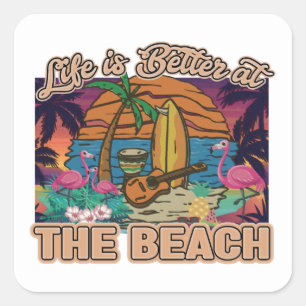 Cool surf board word art life better beach square sticker