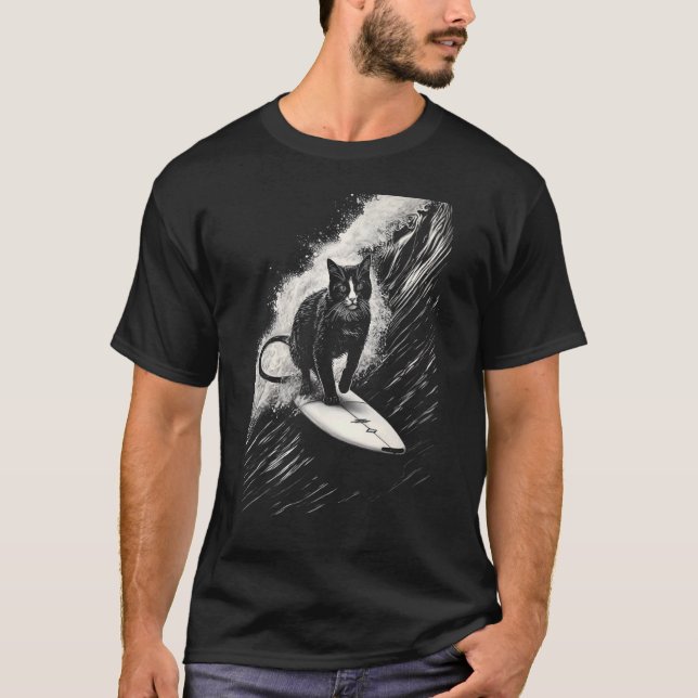 Cool Surfer Cat - Funny Surfboard Cat T-Shirt (Front)