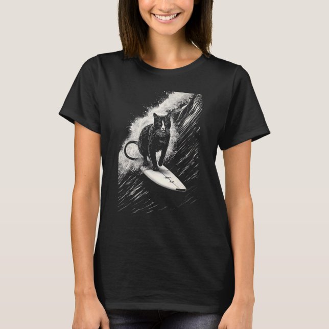 Cool Surfer Cat - Funny Surfboard Cat T-Shirt (Front)