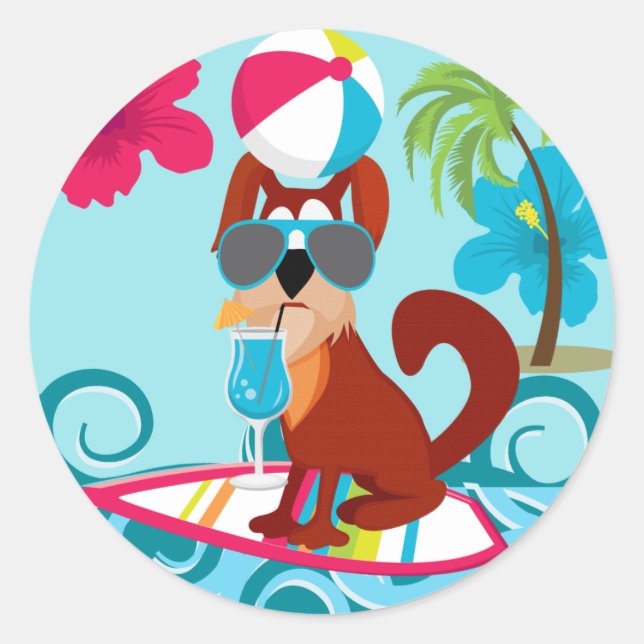 Cool Surfer Dog Surfboard Summer Beach Party Fun Classic Round Sticker (Front)