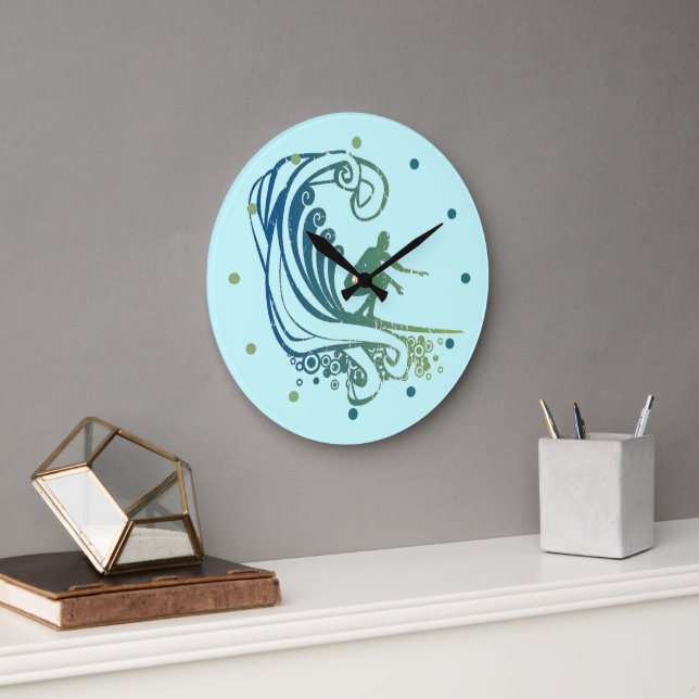 Cool Surfer Riding Teal Blue Ocean Waves Large Clock (Office)