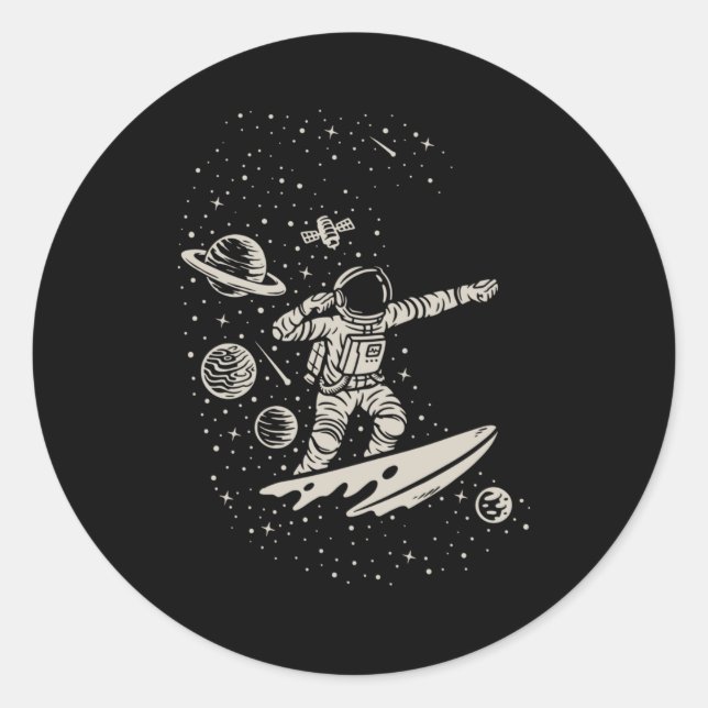 Cool Surfing Astronaut Space Planets Cosmonaut Classic Round Sticker (Front)