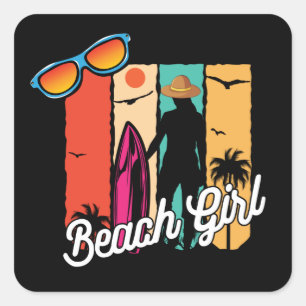 Cool surfing beach girl word art square sticker