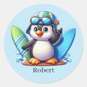 Cool surfing penguin add name  classic round sticker