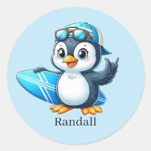 Cool surfing penguin add name classic round sticker