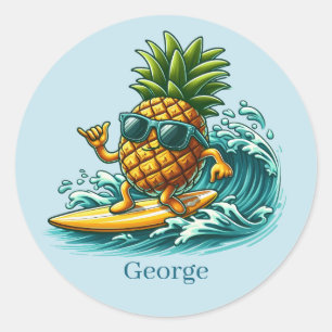 Cool surfing pineapple add name classic round sticker