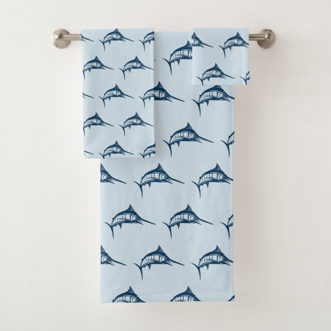 Cool Swordfish Blue Illustrated Pattern Bath Towel Set (Insitu)