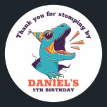 Cool T-Rex Cartoon Dinosaur Kids Birthday Party Classic Round Sticker<br><div class="desc">Cute party favours for kids,  boys or girls who love dinosaurs and t-rex. Perfect for kids birthday party,  party favours and thank you label. You can also customise the text for baby shower or other occasion and party.</div>