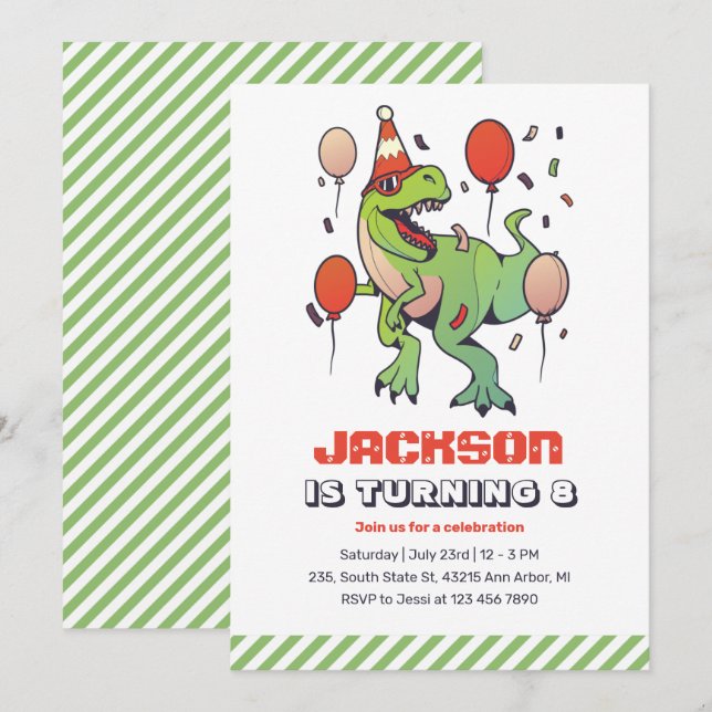 Cool T-Rex Dinosaur Kids Birthday Party Invitation (Front/Back)