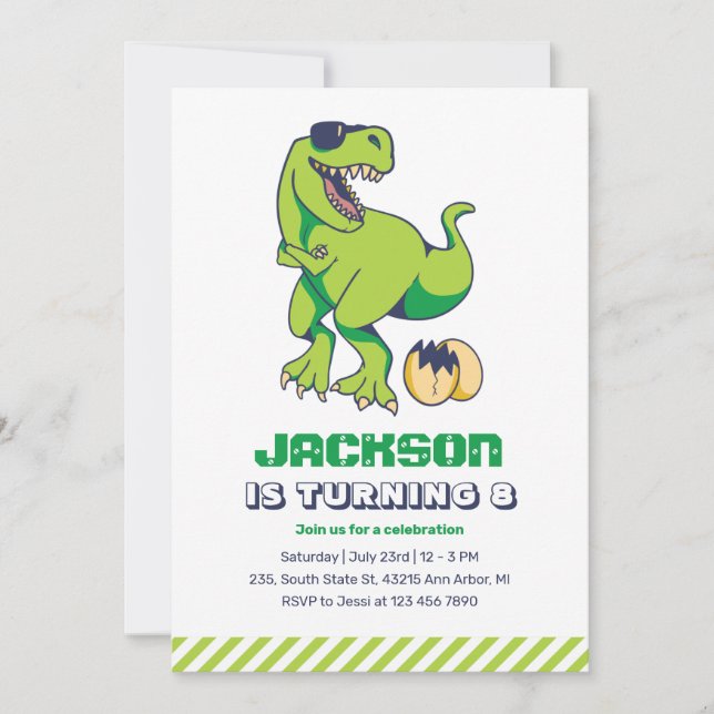 Cool T-Rex Green Dinosaur Kids Birthday Party Invitation (Front)