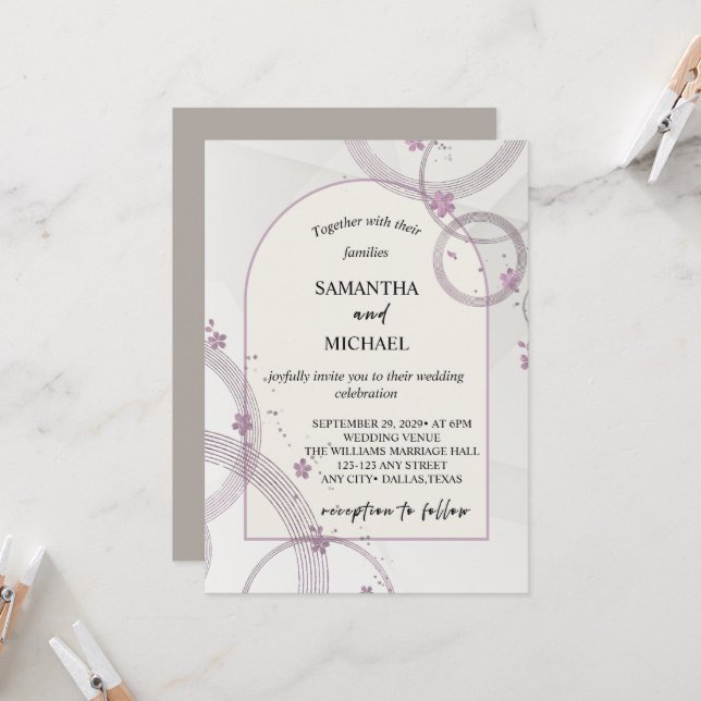 Cool Taupe Arch Floral Wedding Invitation (Front/Back In Situ)