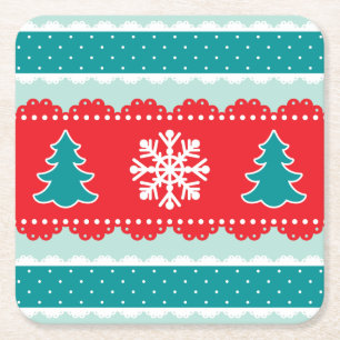 Cool Teal Blue Red Christmas Pattern Square Paper Coaster