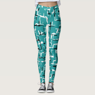 COOL Teal Green Blue Black White Abstract Plaid Leggings