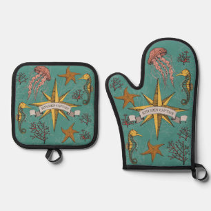 Cool Teal Green Nautical Kitchen Captain Sea Life Oven Mitt & Pot Holder Set