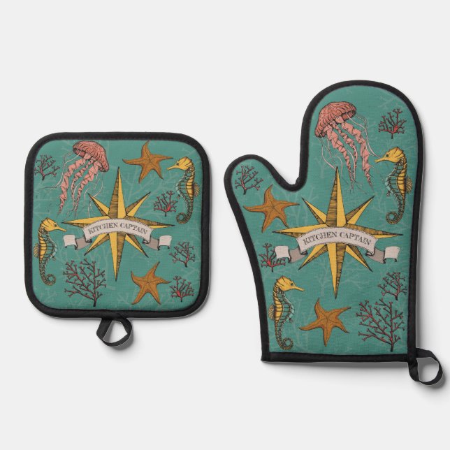 Cool Teal Green Nautical Kitchen Captain Sea Life Oven Mitt & Pot Holder Set (Front)