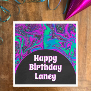 Cool Teal Pink Glitter Custom Happy Birthday Party Napkin