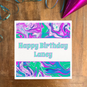 Cool Teal Purple Swirl Custom Birthday Party Napkin