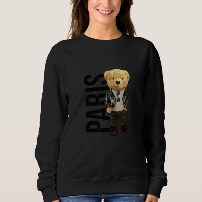 Cool Teddy Bear in Paris France Illustration Graph Sweatshirt (Front)