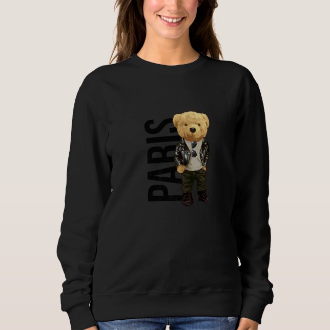 Cool Teddy Bear in Paris France Illustration Graph Sweatshirt (Front)