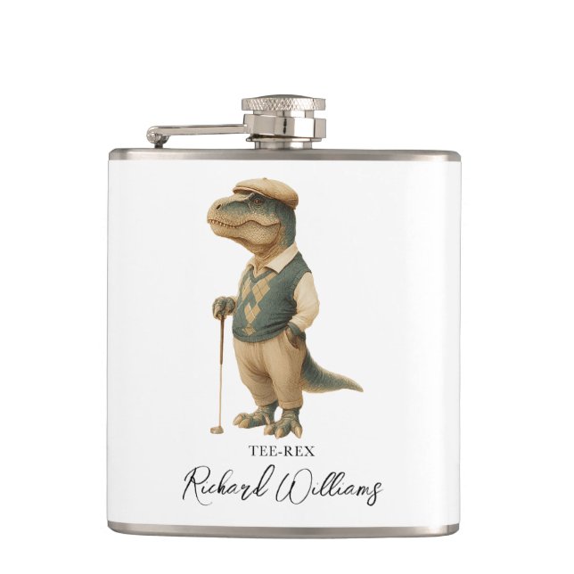 Cool Tee-Rex Golfer Dinosaur Signature Name Hip Flask (Front)