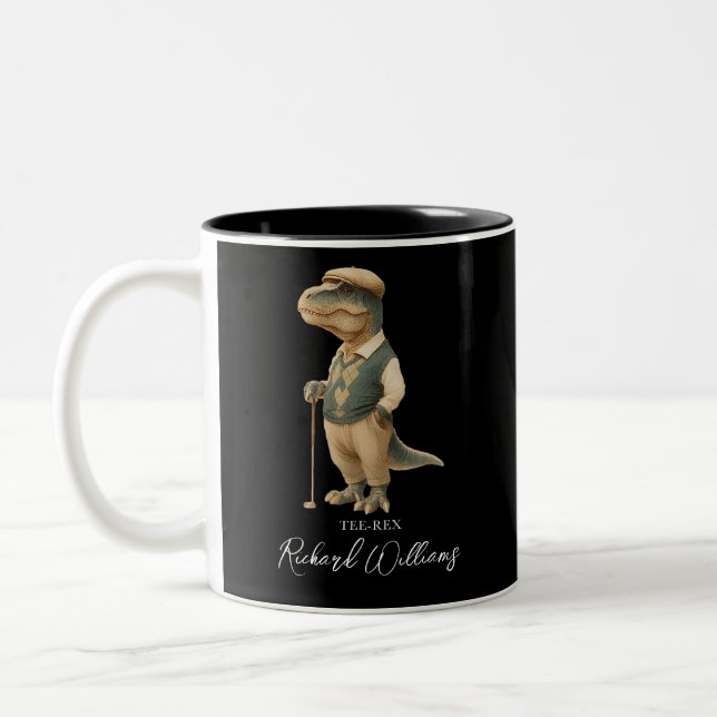 Cool Tee-Rex Golfer Dinosaur Signature Name Two-Tone Coffee Mug (Left)