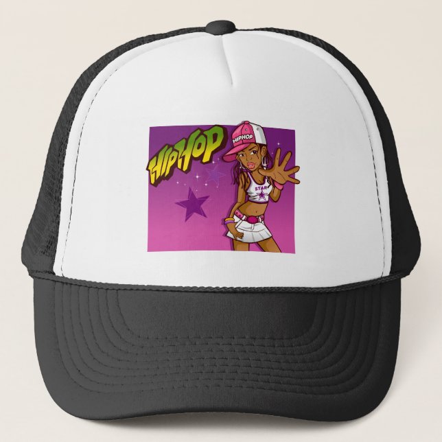 Cool Teen Hip Hop Rapper Pink and Purple Cartoon Trucker Hat (Front)