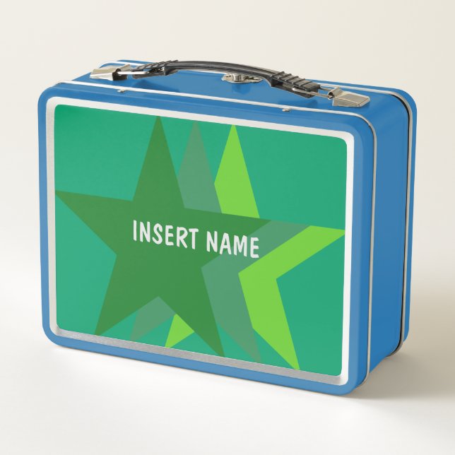 Cool Three Green Stars, Personalised Name Monogram Metal Lunch Box (Back)