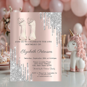 Cool Tiara Silver Drips Rose Gold 11th Birthday Invitation