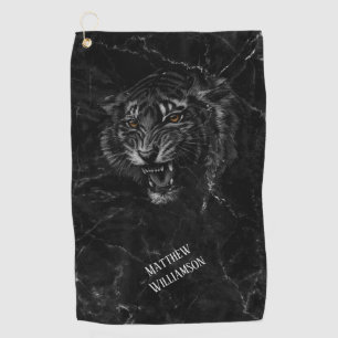 Cool Tiger Black Marble Background Monogram Golf Towel
