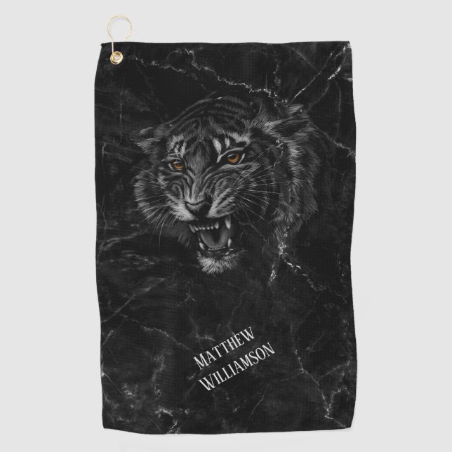 Cool Tiger  Black Marble Background Monogram  Golf Towel (Front)