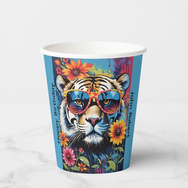 Cool Tiger In Sunglasses With Flowers Paper Cups (Front)