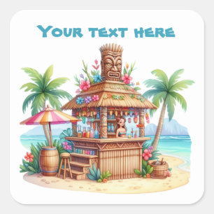 Cool tiki hut beach add text square sticker