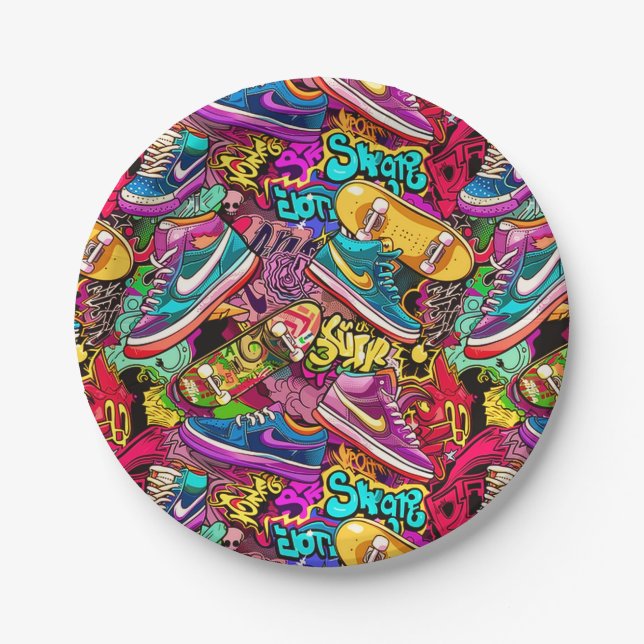 Cool tiled pattern comic graffiti teen  paper plate (Front)