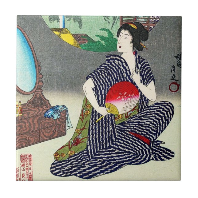 Cool traditional japanese woodprint geisha art tile (Front)