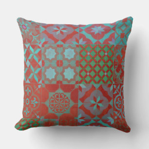 Cool, trendy Aegean tiles in red and blue Cushion