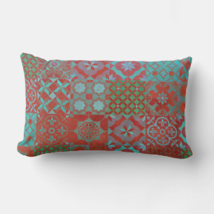 Cool, trendy Aegean tiles in red and blue Lumbar Cushion