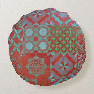Cool, trendy Aegean tiles in red and blue Round Cushion
